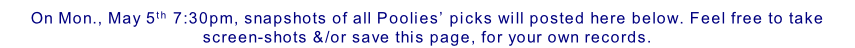On Mon., May 5th 7:30pm, snapshots of all Poolies’ picks will posted here below. Feel free to take screen-shots &/or save this page, for your own records.